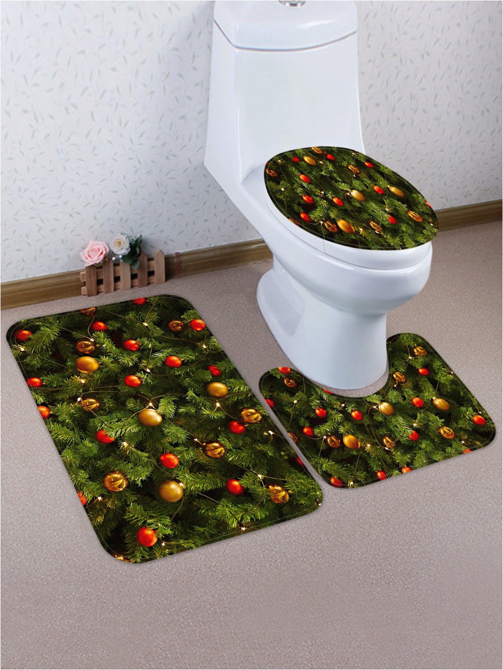 Forest Green Bathroom Rug Sets Christmas theme 3 Pcs Bathroom toilet Mat