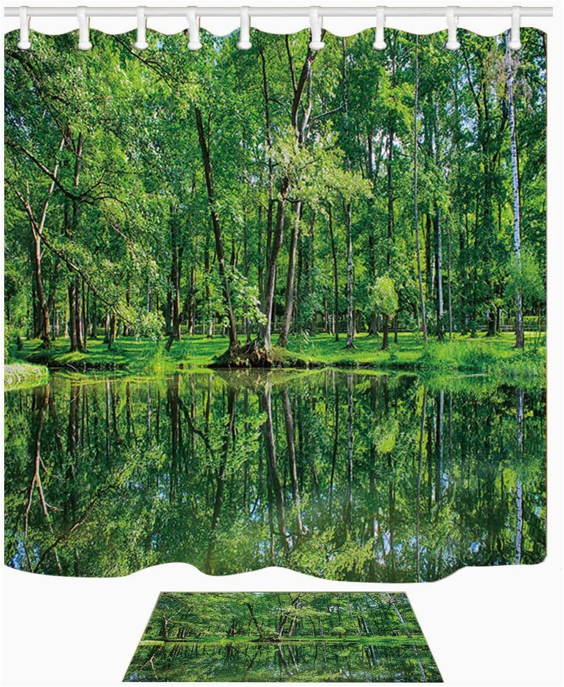 Forest Green Bathroom Rug Sets Kotom Nature Decor Green Tree Reflect In Lake In forest