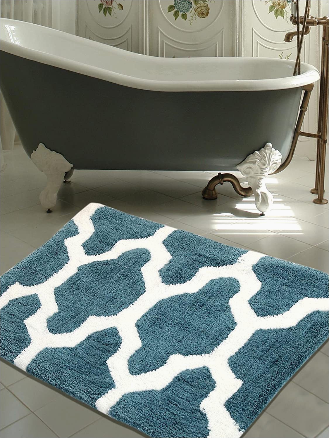 High Quality Bathroom Rugs Warisi Roman Quatrefoil Pattern area Bedroom Bathroom Rug Aqua Blue White