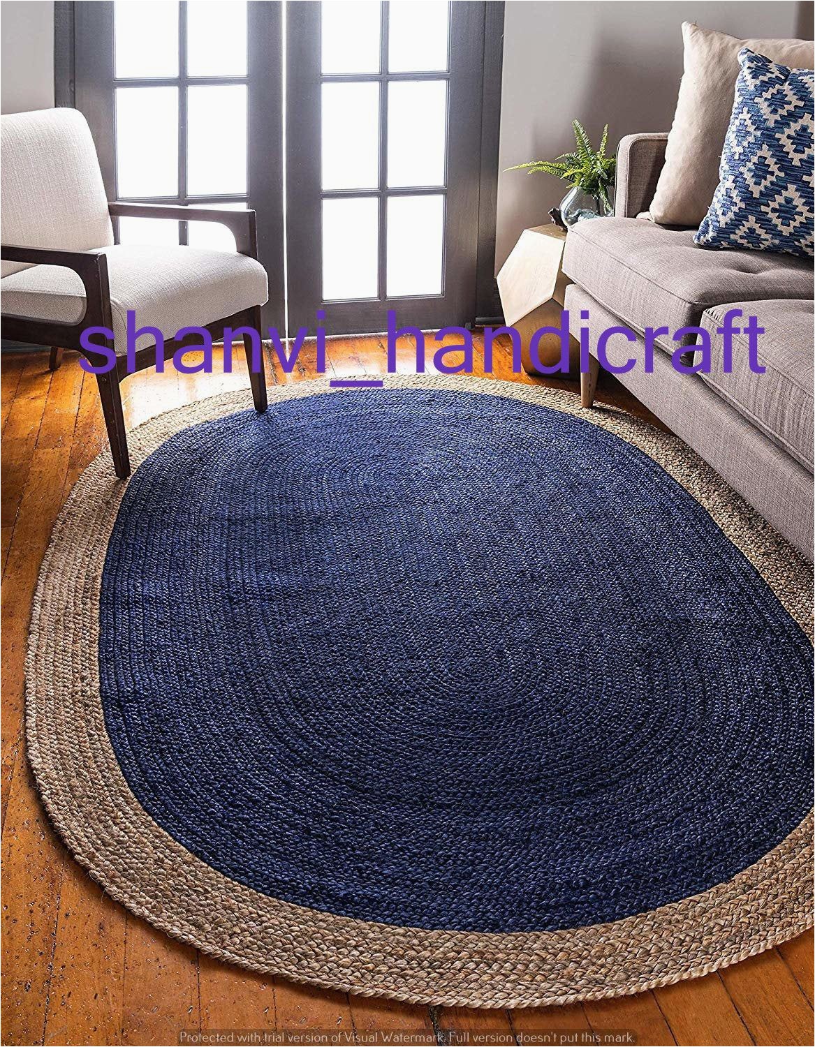 Jute and Blue Rug Indian Hand Braided Bohemian Blue Natural Jute area Rug Oval
