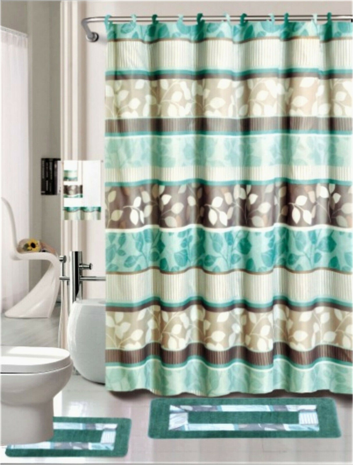 Matching Bathroom Rugs and towels 18pc soft & Stylish Boutique Bathroom Set Zent Mint Design Washable Non Slip Includes 2 Bath Rug Math 1 Shower Curtain 12pc Rings 3pc towel