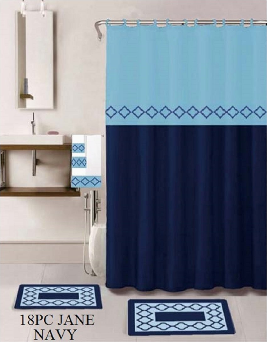 Navy Bath Rug Set 18 Piece Bath Rug Set Navy Blue Geometric Desin Print Bathroom Rugs Shower Curtain Rings and towels Sets Jane Navy Walmart