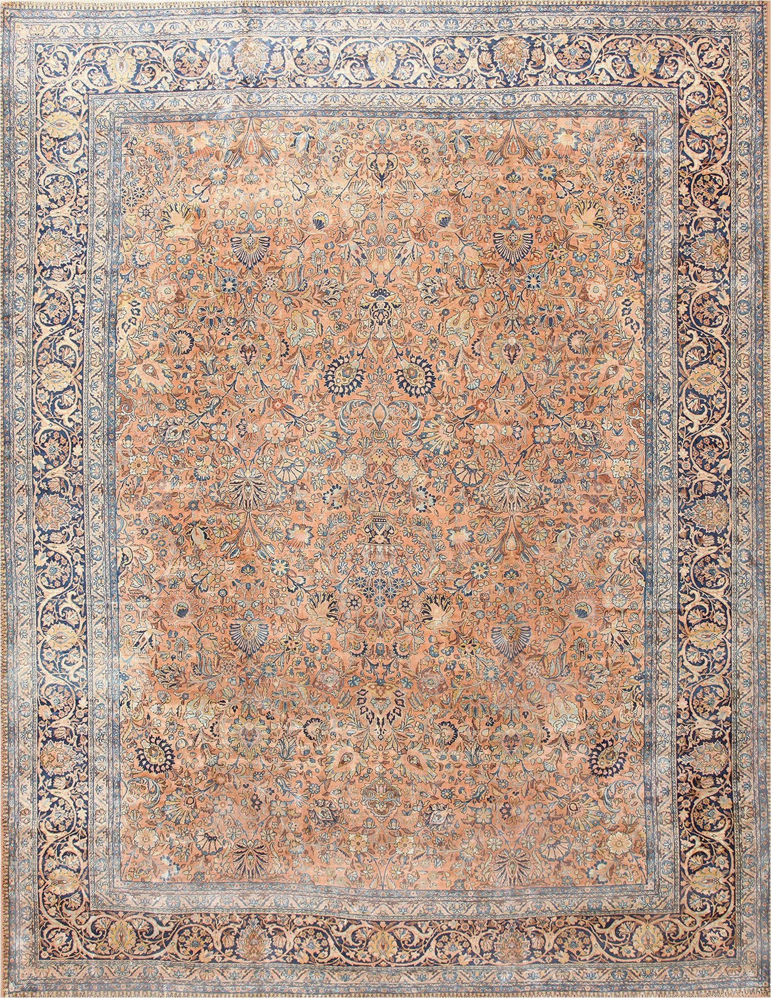 Peach and Blue Persian Style Chenille Oasis area Rug Antique Kerman Rug by Nazmiyal