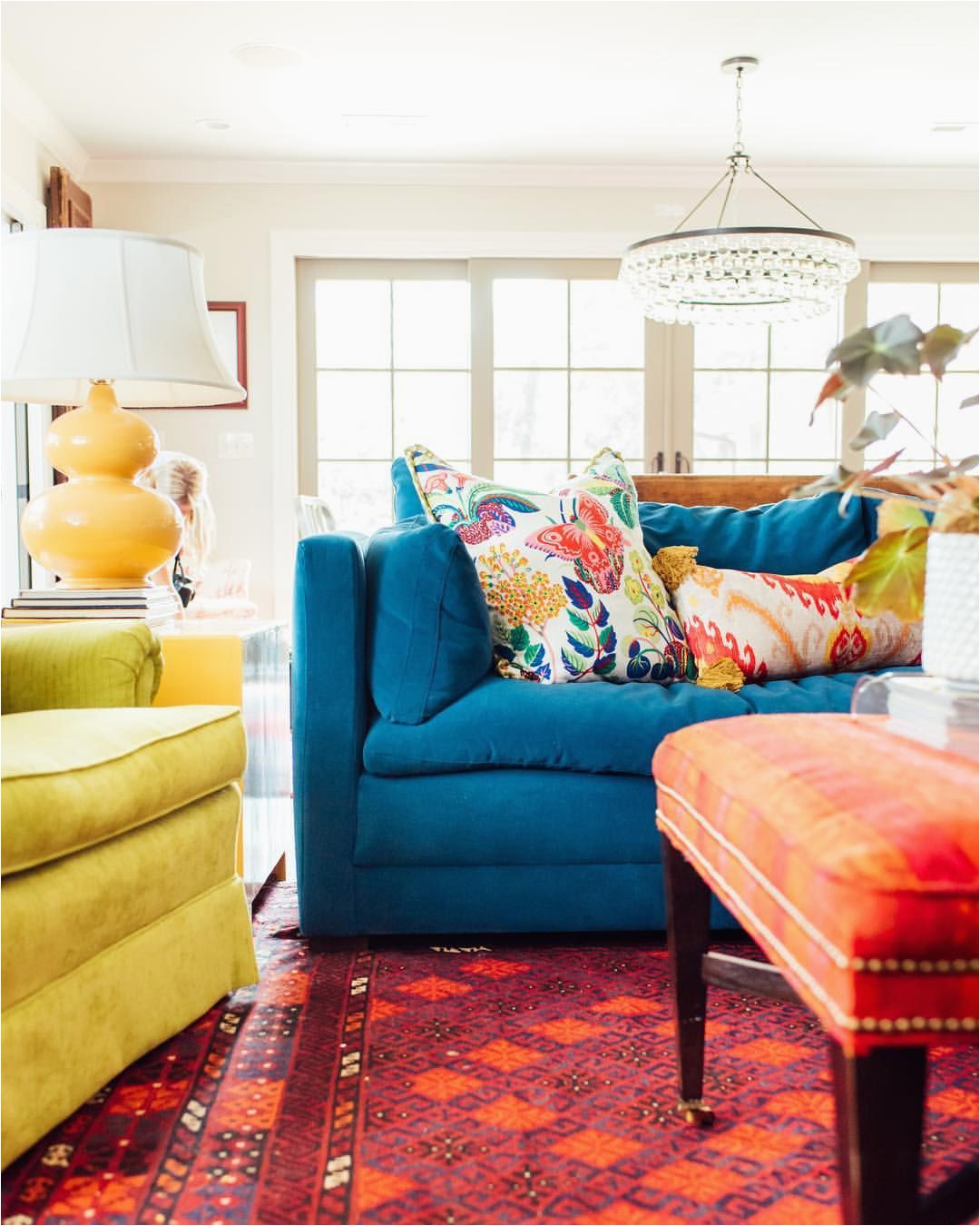 Rugs for Blue sofa Colorful Living Room Blue sofa orange Ottoman Yellow
