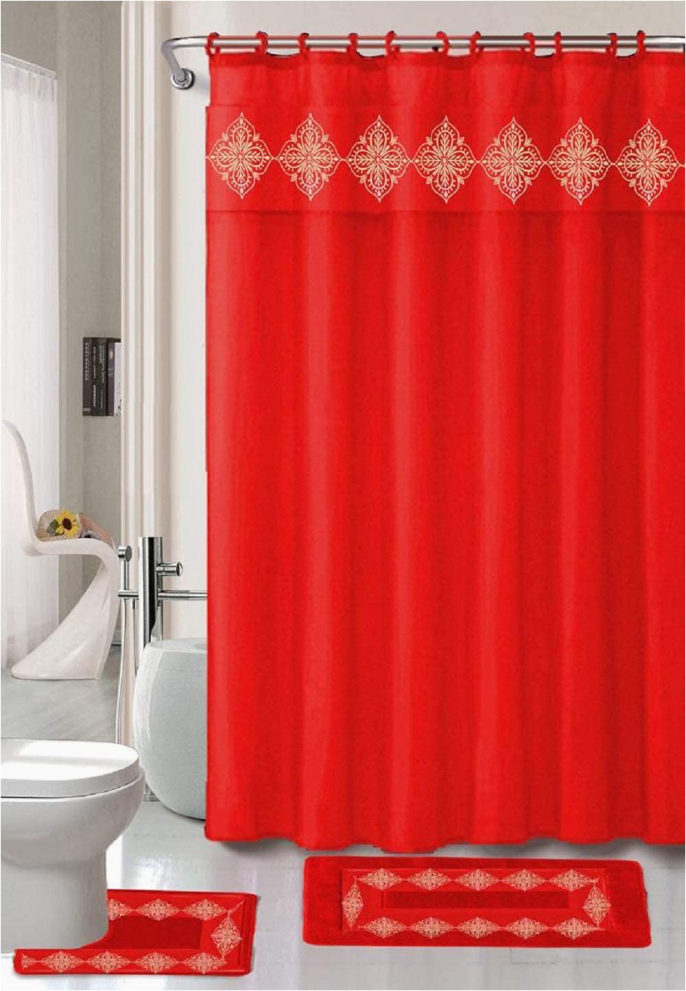 Shower Curtains with Matching Bath Rugs 4 Piece Bathroom Rugs Set Non Slip Red Gold Color Bath Rug toilet Contour Mat with Fabric Shower Curtain and Matching Rings Daisy Red