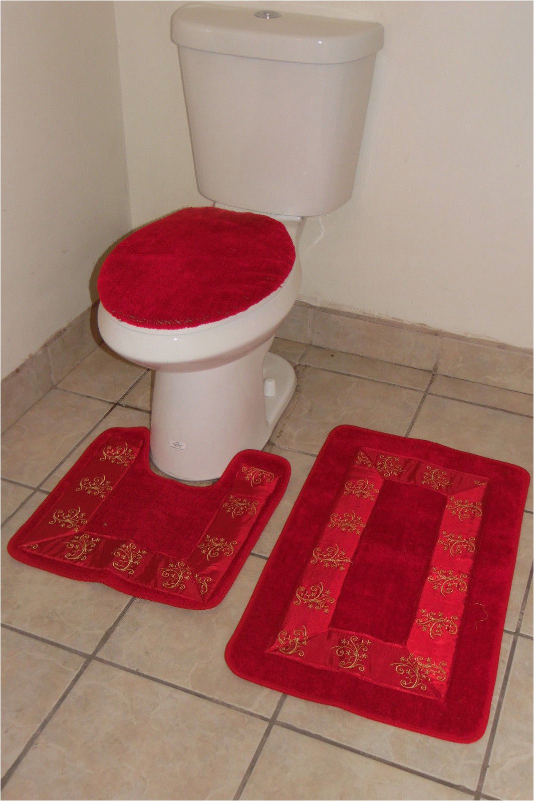 Toilet Seat Cover and Rug Bathroom Set Bathmats Rugs and toilet Covers 3pc 5 Red Bathroom
