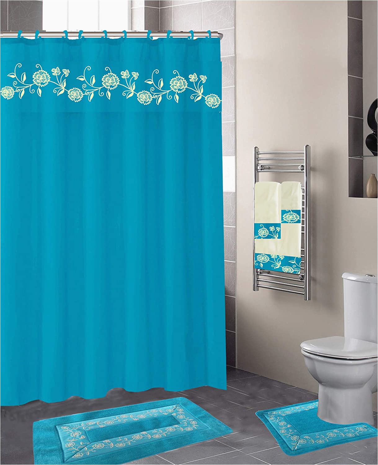 Turquoise Bathroom Rugs and towels Luxury Home Collection 18 Pc Bath Rug Set Embroidery Non Slip Bathroom Rug Mats and Rug Contour and Shower Curtain and towels and Rings Hooks and