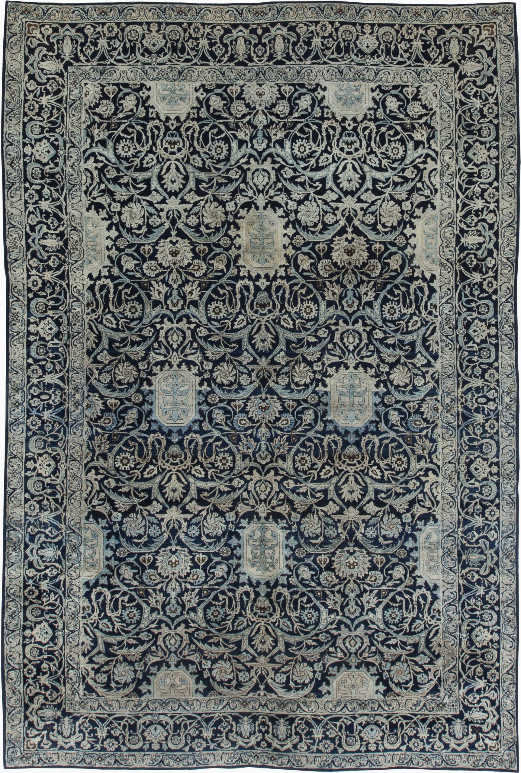 Vintage Blue Persian Rug Antique Persian Kirman Navy Blue and Beige Handwoven Wool