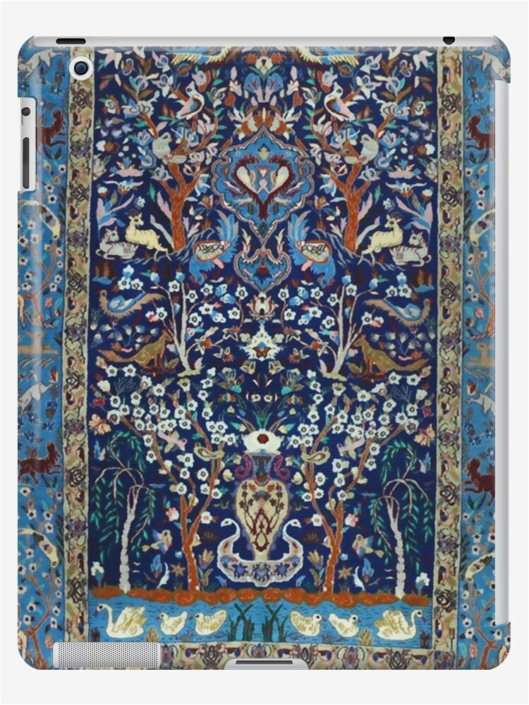 Vintage Blue Persian Rug Blue Antique Persian isfahan Silk Rug with Flowers Animals Print