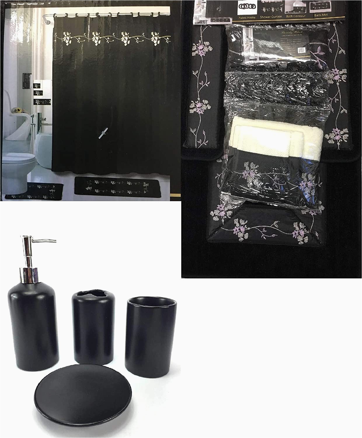 Bath Curtain and Rug Set 22 Piece Bathroom Sets with Shower Curtains Rugs and Accessories Beverly Black