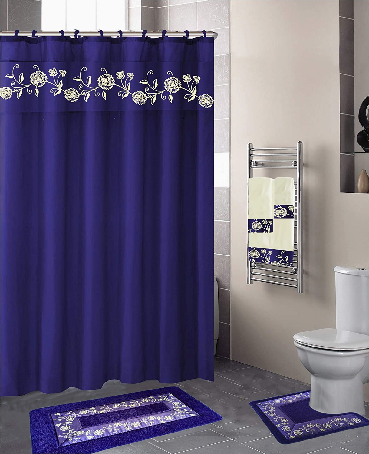 Bath Curtain and Rug Set Luxury Home Collection 18 Pc Bath Rug Set Embroidery Non Slip Bathroom Rug Mats and Rug Contour and Shower Curtain and towels and Rings Hooks and