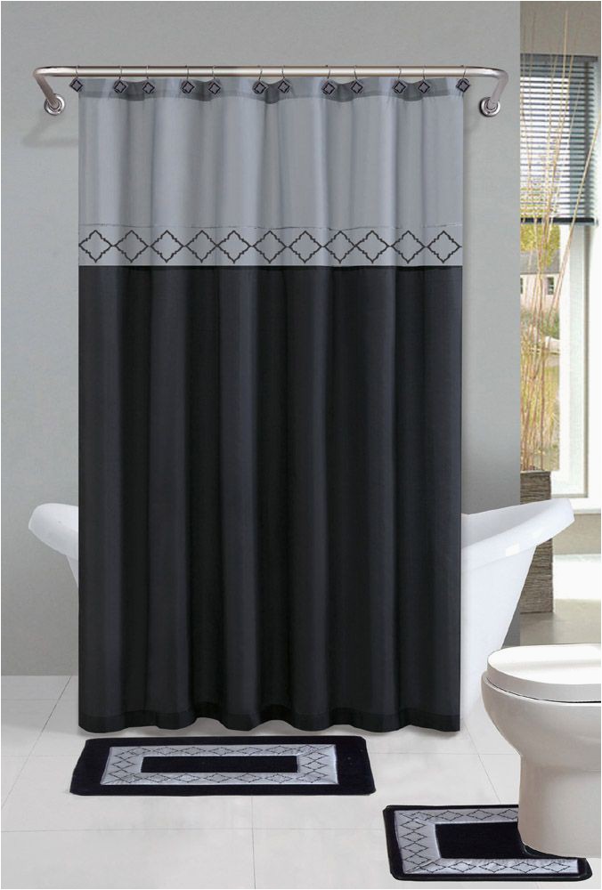 Bath Rug and Curtain Set Gray Black Modern Shower Curtain 15 Pcs Bath Rug Mat Contour