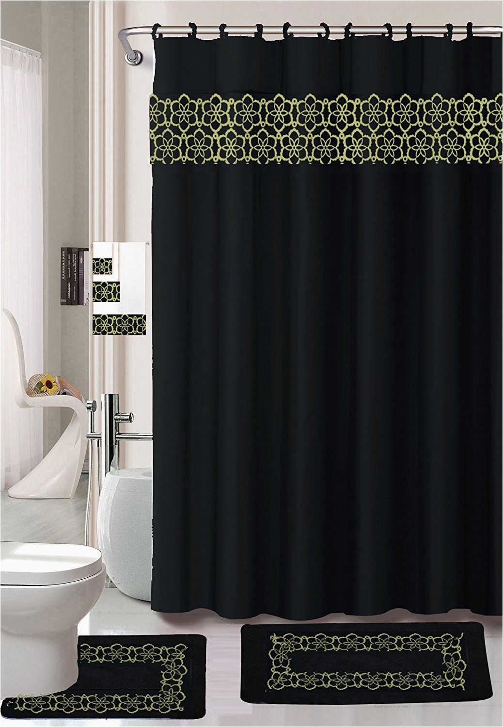 Bath Rug and towel Sets Empire Home 18 Piece Embroidered Floral Bathroom Set Bath Rugs Shower Curtain Hooks & 3pc towel Set Black