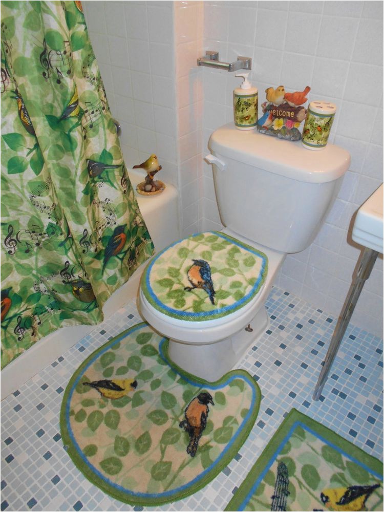 Bath Rugs and toilet Seat Covers Birds and Music Note Bath Rug with toilet Seat Cover and