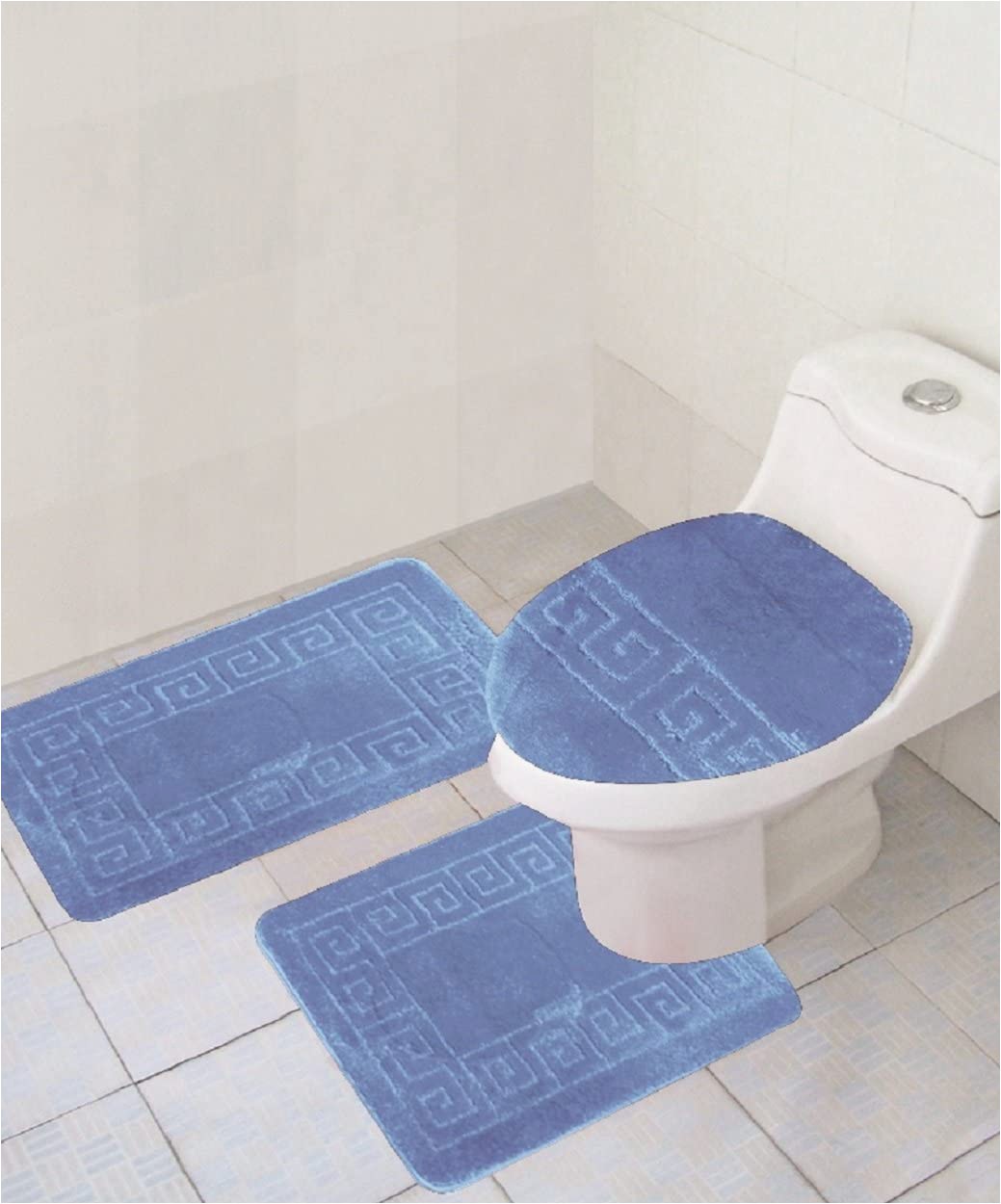 Bathroom Rugs and toilet Lid Covers 3 Piece Bath Rug Set Pattern Bathroom Rug 20"x32" Contour Mat 20"x20" with Lid Cover Sky Blue