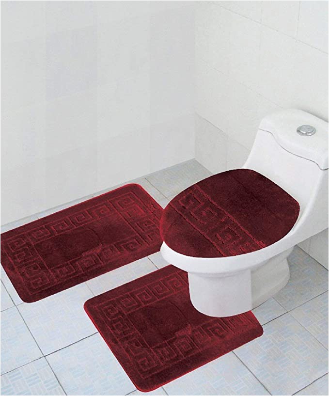 Bright Red Bathroom Rugs 3 Piece Bath Rug Set Pattern Bathroom Rug 20"x32" Contour Mat 20"x20" with Lid Cover Burgundy