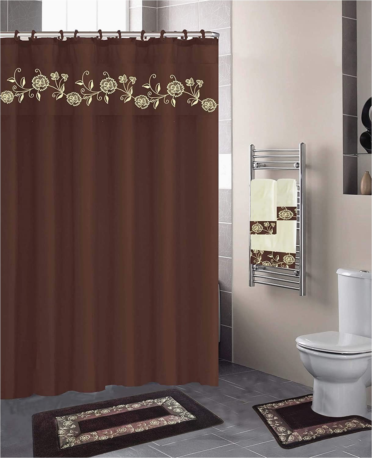 Chocolate Bathroom Rug Sets Luxury Home Collection 18 Pc Bath Rug Set Embroidery Non Slip Bathroom Rug Mats and Rug Contour and Shower Curtain and towels and Rings Hooks and
