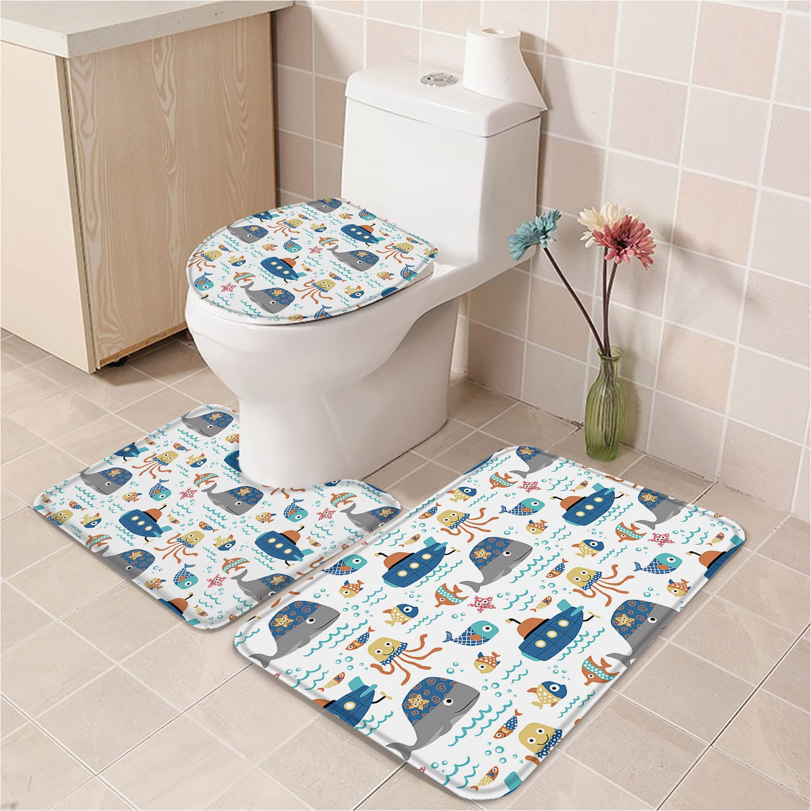 Cute Bathroom Rug Set 3 Pieces Bathroom Rug Mat Set Cute Submarine Whale Fish Octopus Cartoon Ocean Sea Life Pattern Non-slip Contour Mat toilet Lid Cover Mat Sets …