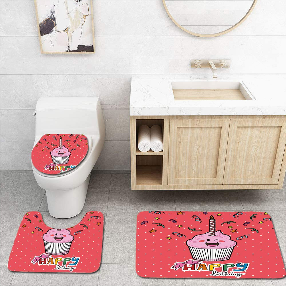 Cute Bathroom Rug Set Chaplle Birthday Pink Strawberry Cupcake Candle Cute Face Confetti Bow Tie Dots 3 Piece Bathroom Rugs Set Bath Rug Contour Mat and toilet Lid Cover