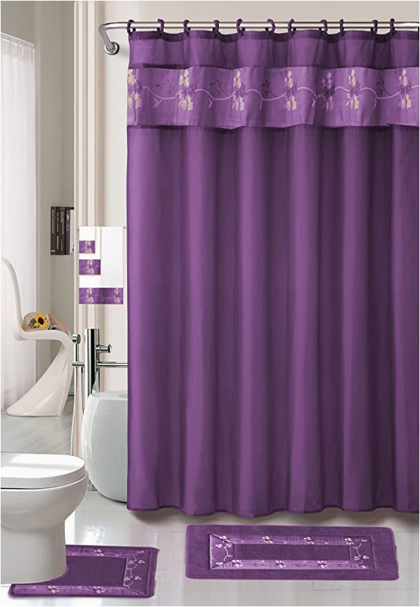 Deep Purple Bathroom Rugs Ahf Wpm Beverly Purple Flower 18 Piece Bathroom Set 2 Rugs Mats 1 Fabric Shower Curtain 12 Fabric Covered Rings 3 Pc Decorative towel Set