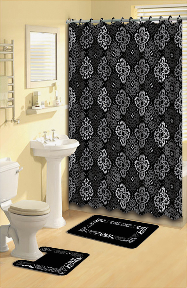 Grey and Black Bathroom Rugs Black Gray Scrolls Shower Curtain 15 Pcs Bath Rug Mat