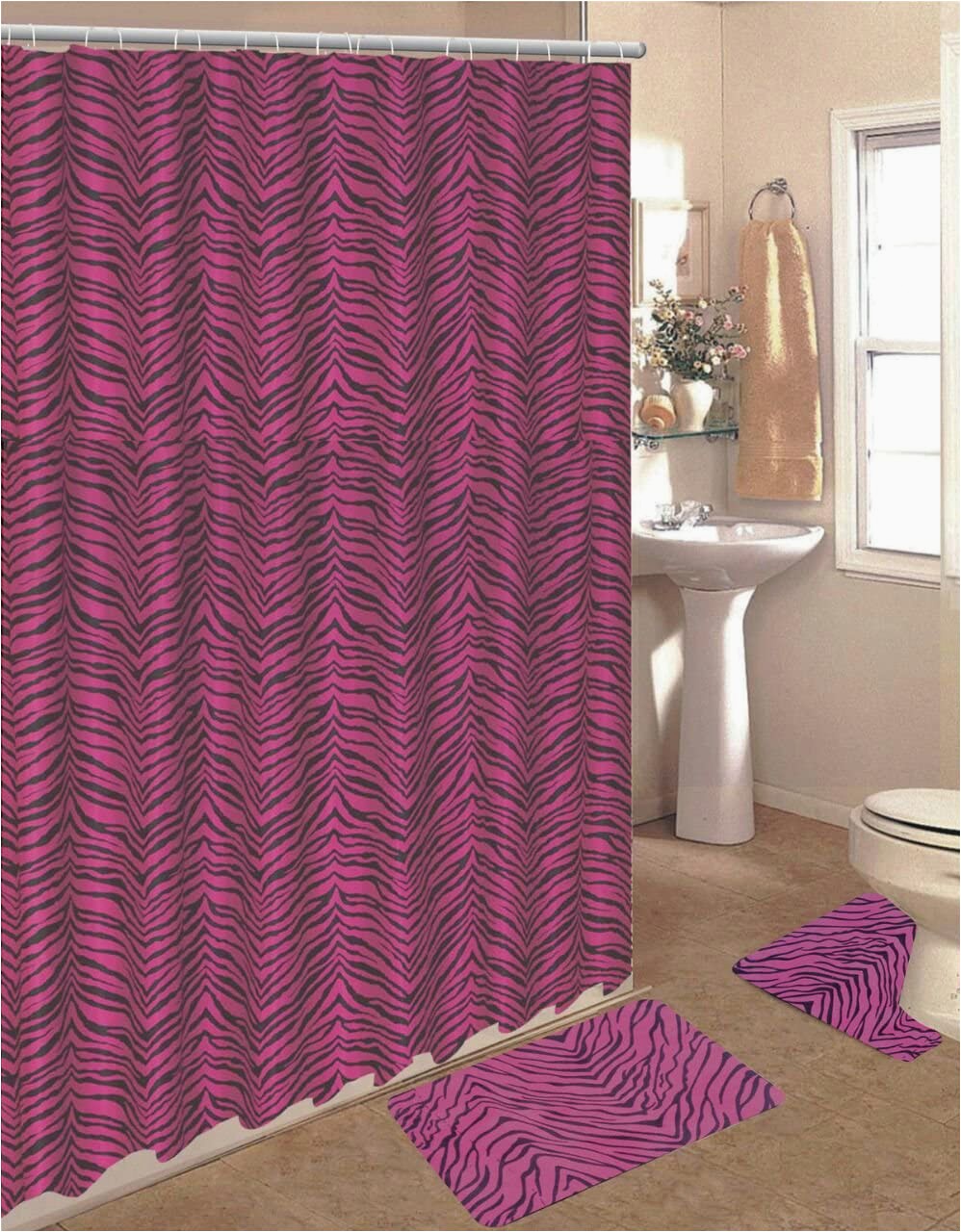 Hot Pink Bathroom Rug Set Wpm 15 Piece Zebra Animal Print Memory Foam Bath Rug Set Bathroom Rugs with Fabric Shower Curtain and Decorative Rings Pink Zebra