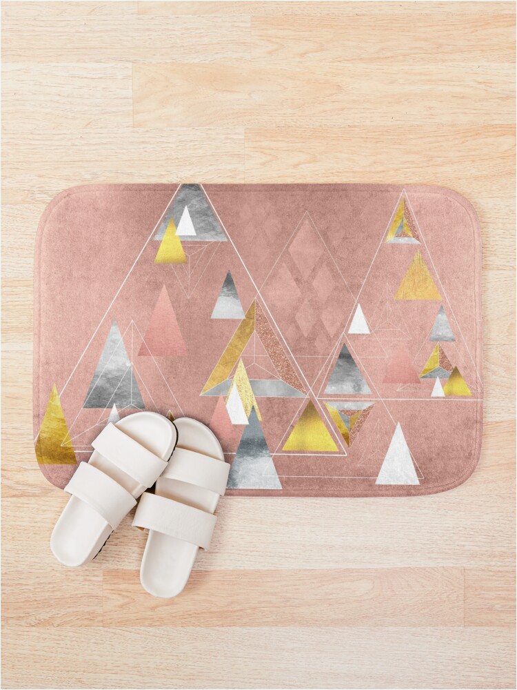 Rose Gold Bath Rug Abstract Geometric Triangles Gold Silver Rose Gold