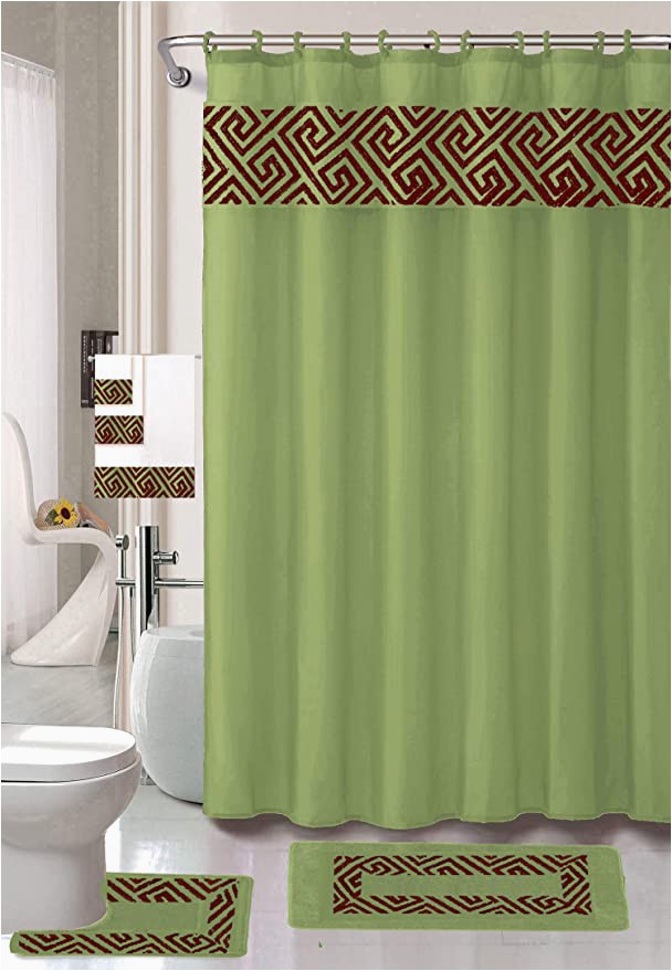 Sage Green Bath Rug Sets Luxury Home Collection 18 Piece Embroidery Non Slip Bathroom Rug Set Set Includes Bath Rug Mat Contour Mat Shower Curtain towels and Hooks Sage
