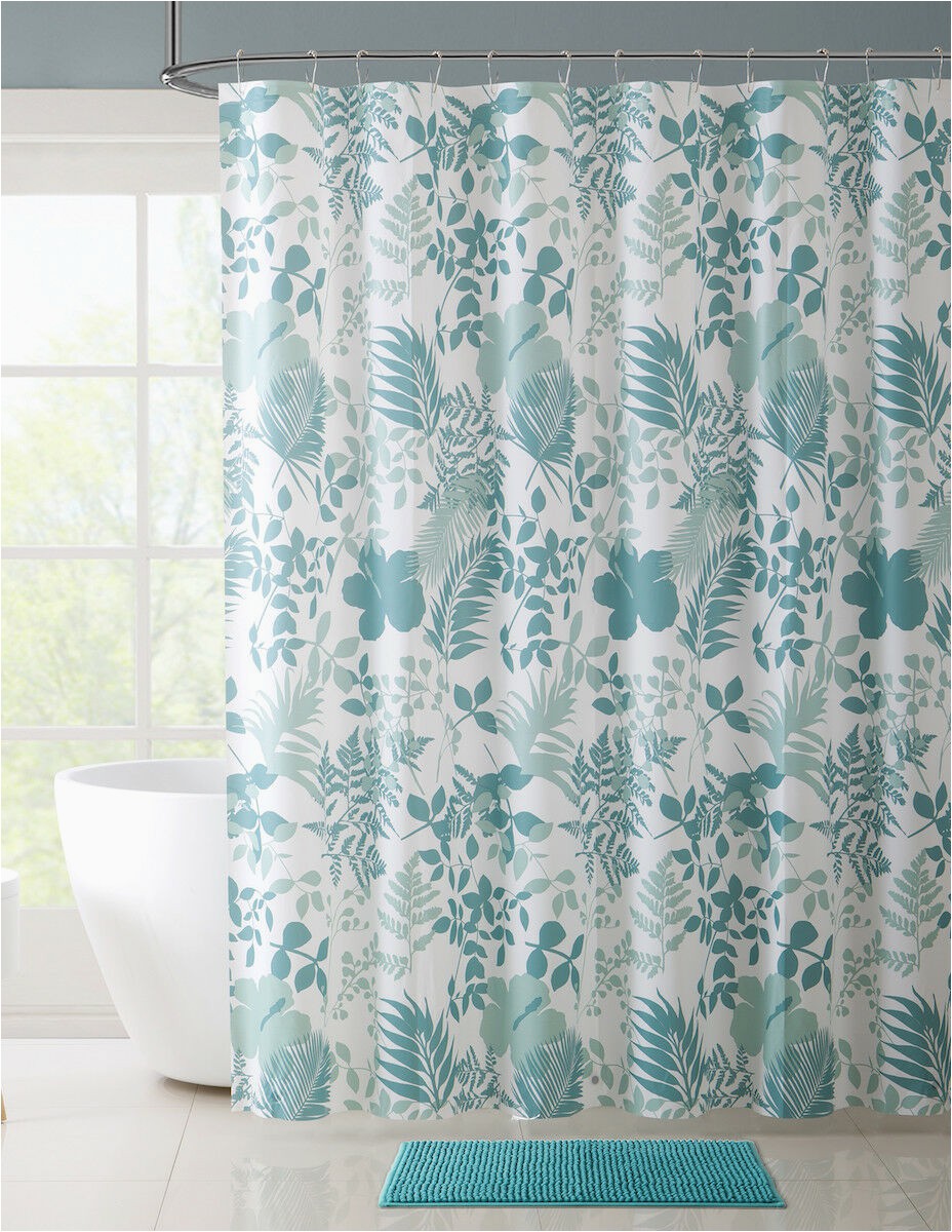 Shower Curtain Bath Rug Set 14 Piece Shower Curtain and Bath Rug Set Curtain Hooks Included "belize" Blue