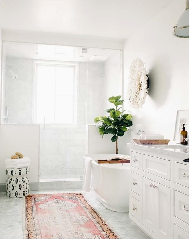 Small White Bath Rug All White Bathroom Design Glass Shower Faded oriental