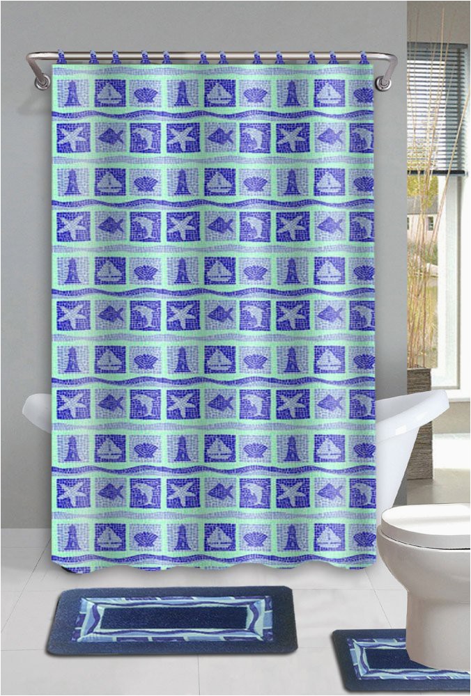 Walmart Bathroom Rugs and towels Beach Dolphin Blue 15 Piece Bathroom Accessory Set 2 Bath Mats Shower Curtain & 12 Fabric Covered Rings Walmart