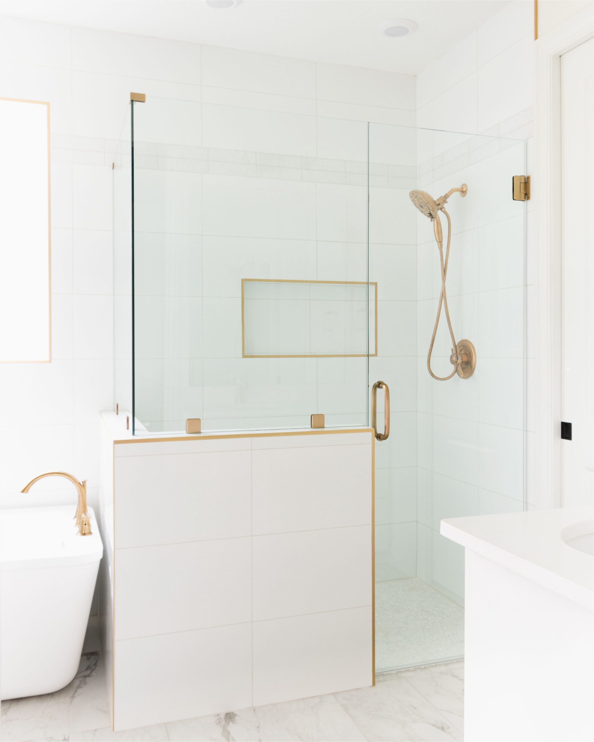 White and Gold Bath Rug Modern White Shower with Gold Faucets and Hardware Gold