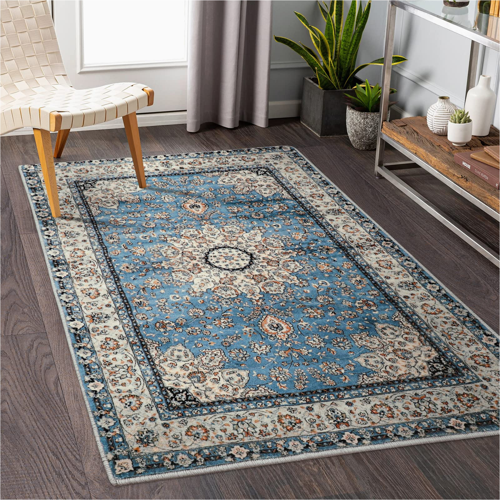 3 X 5 Blue Rug Lahome oriental Floral Medallion area Rug – 3×5 Blue Persian Distressed Entry Throw Rug Vintage Faux Wool Indoor Accent Rug Non-slip Washable Low-pile …