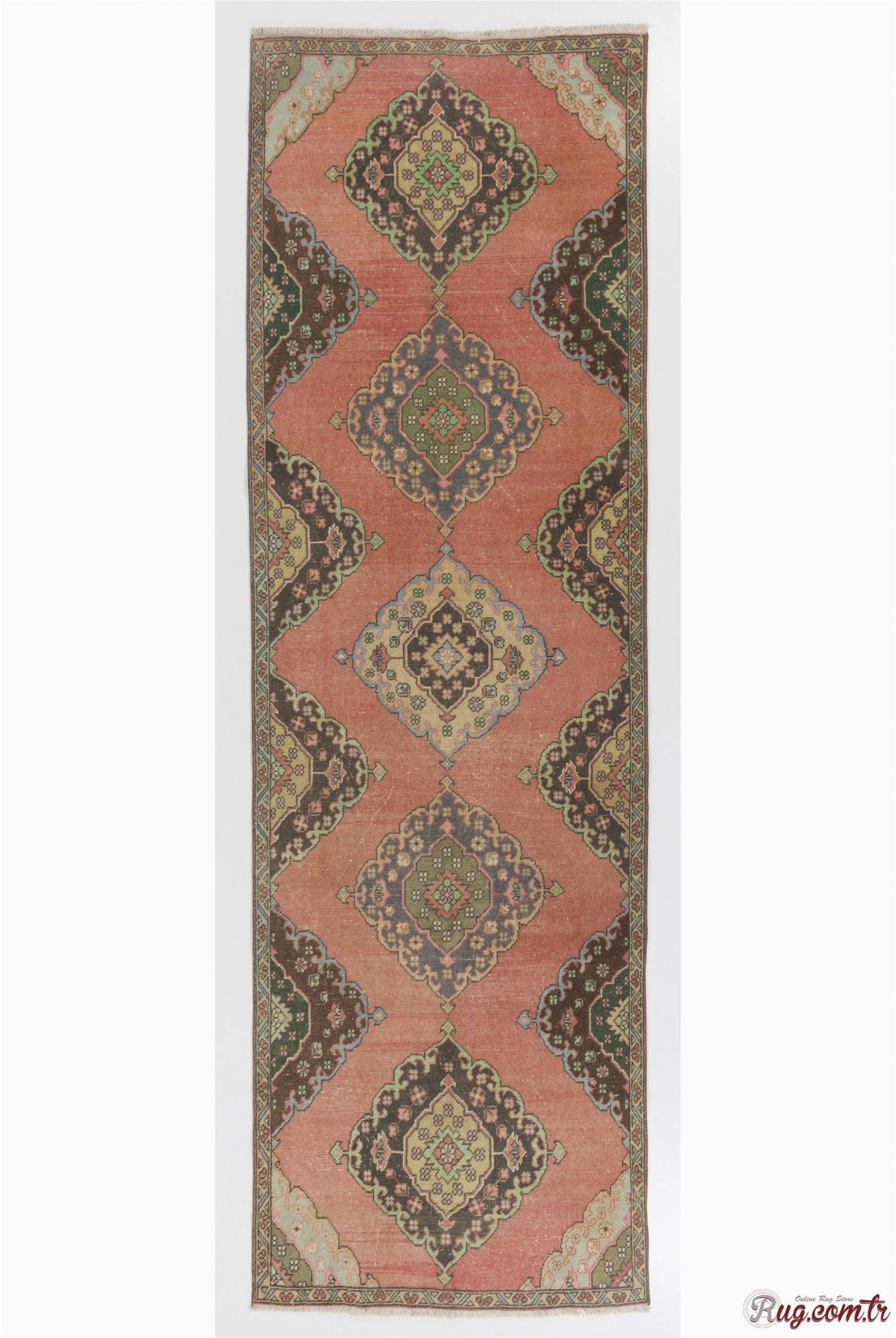 Blue and Green Runner Rug Sun Faded Runner Rug Peach Brown and Blue Color Vintage
