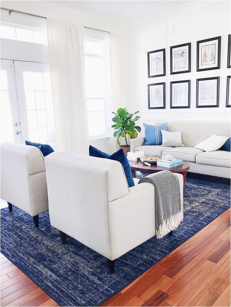 Blue and White Rug Living Room Coastal Living Room Design with White sofa and Blue Rug