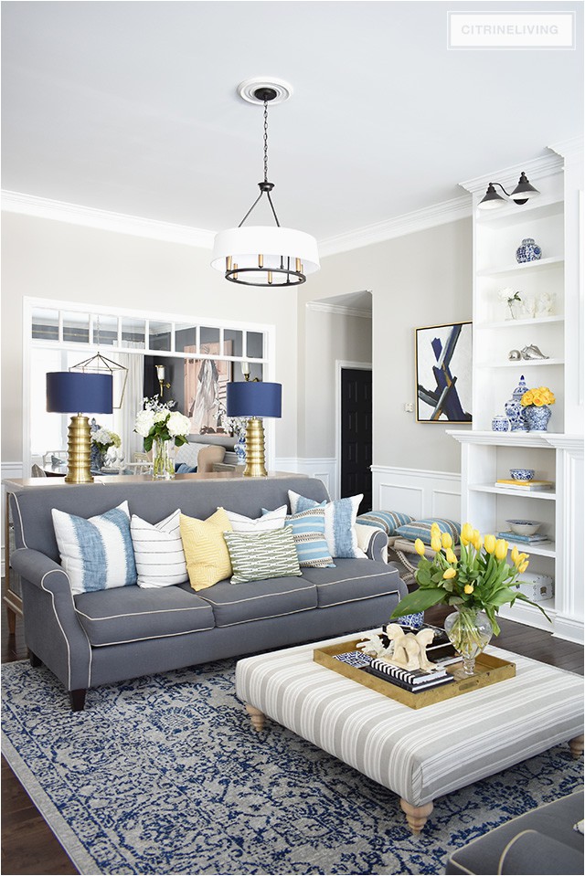 Blue and White Rug Living Room Spring Home tour with Vibrant Yellows and Pretty Blues