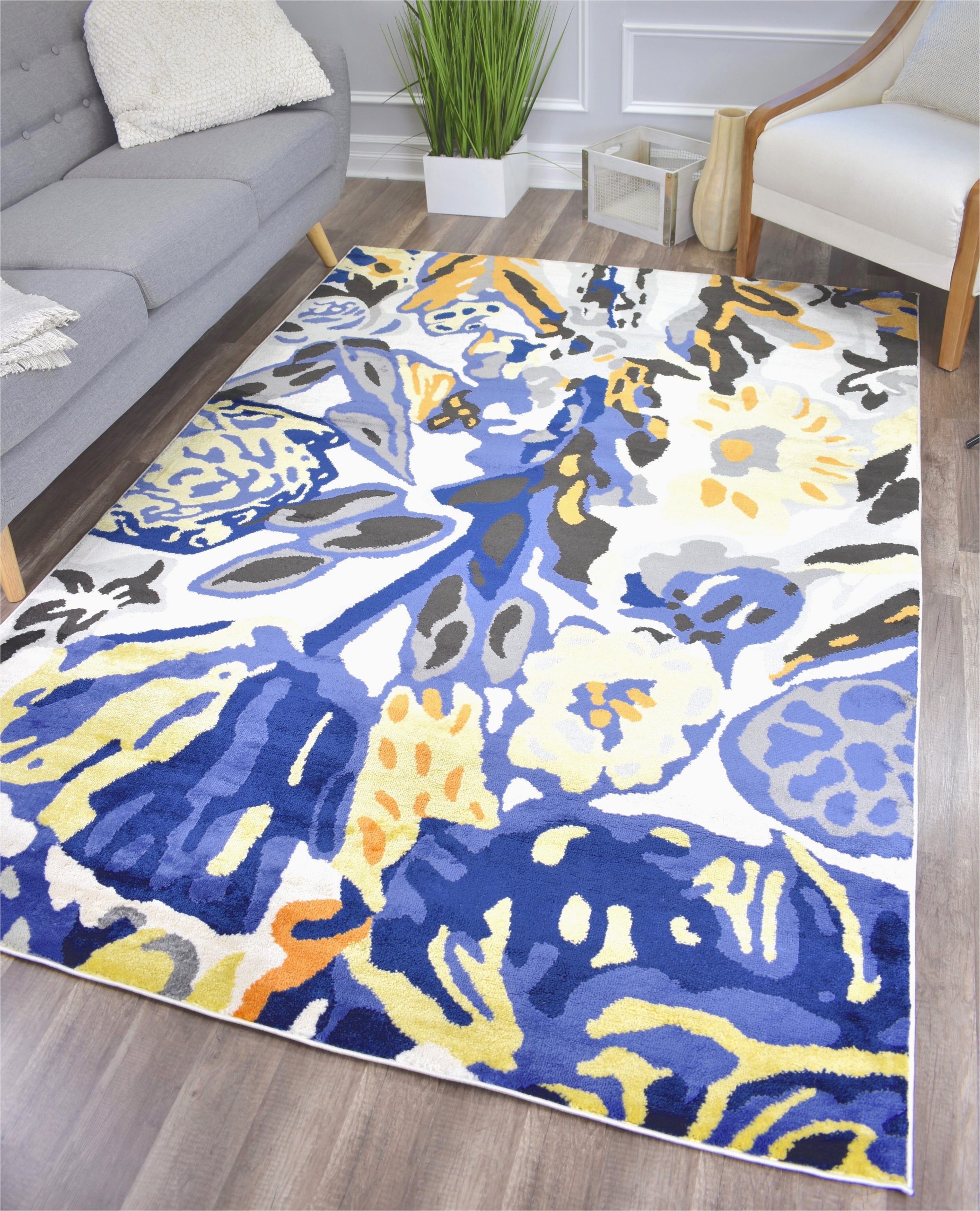 Blue and Yellow Throw Rugs Vizcaino Pearl Contemporary Floral Yellow Blue Black area Rug