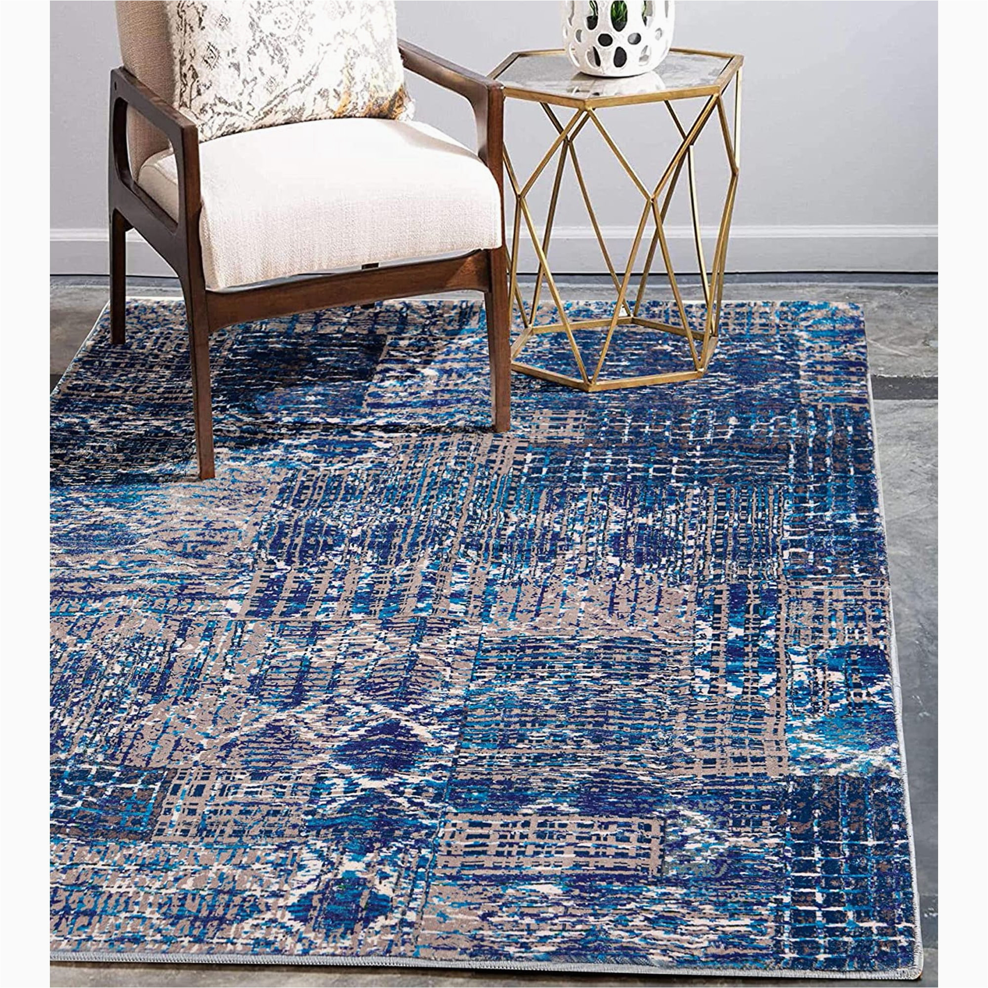 Blue area Rugs 3×5 Heibinnavy Blue Geometric Distressed area Rugs 3×5 Texture Faux Wool Modern Abstract Throw Rug Fuzzy Kitchen Rug Bathroom Entryway Carpet Rubber …