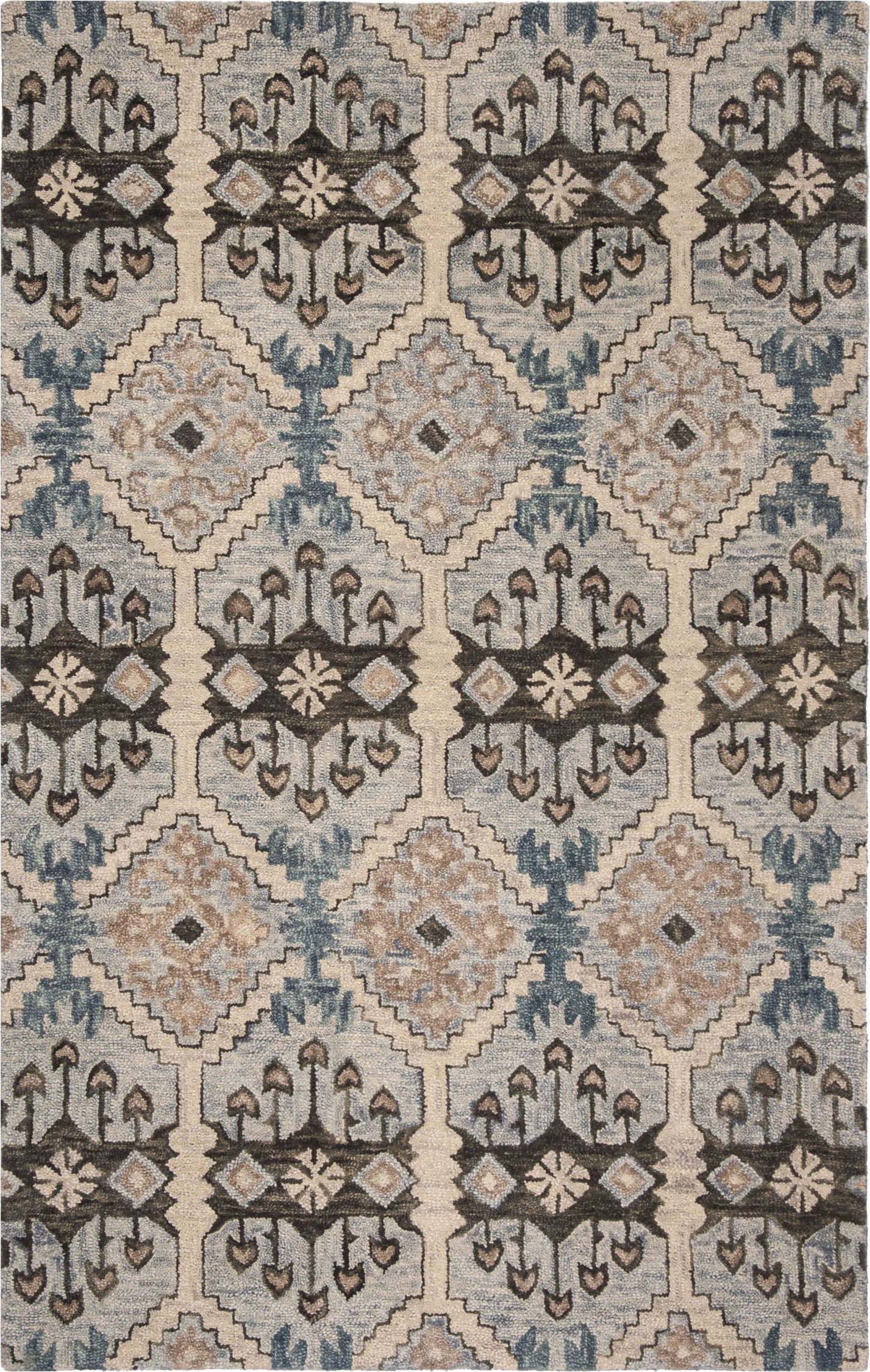 Blue Brown Cream area Rug Unique southwestern Patterned Wool Rug In Faded Cornflower