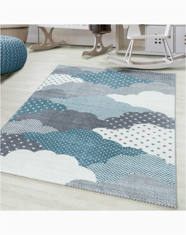 Blue Grey and White Rug Kids Rug, Nursery Rug Cloud Motif Blue Gray White