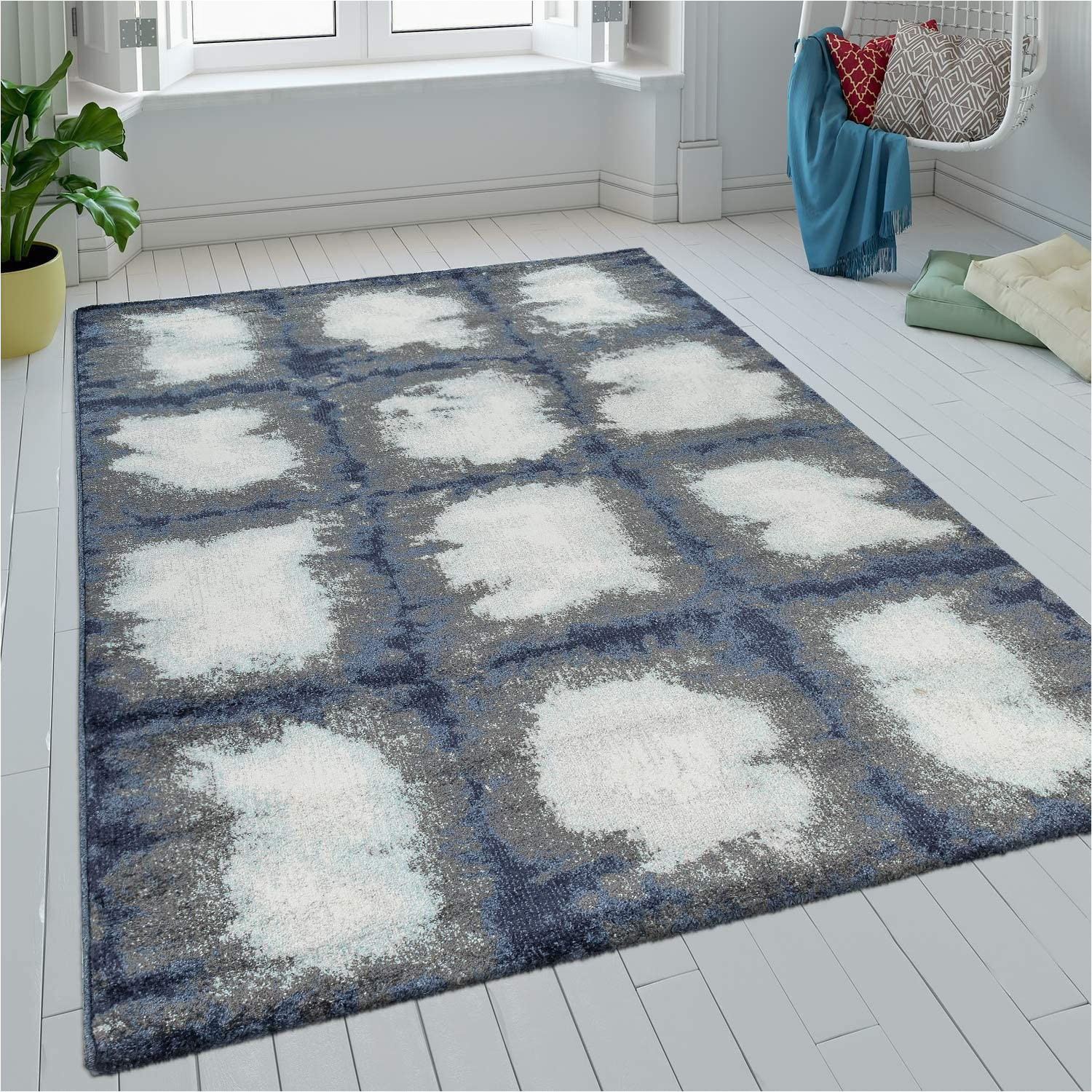Blue Grey and White Rug Paco Home Rug for Living Room Short Pile Check Design Batik In …