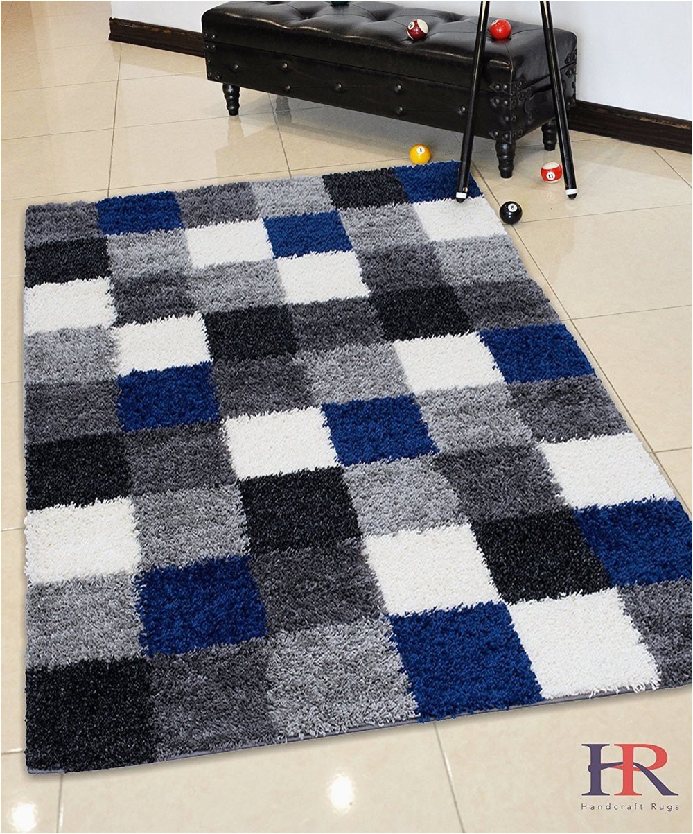 Blue Grey Shaggy Rug Shed Free Shaggy area Rugs Contemporary Abstract Chcked
