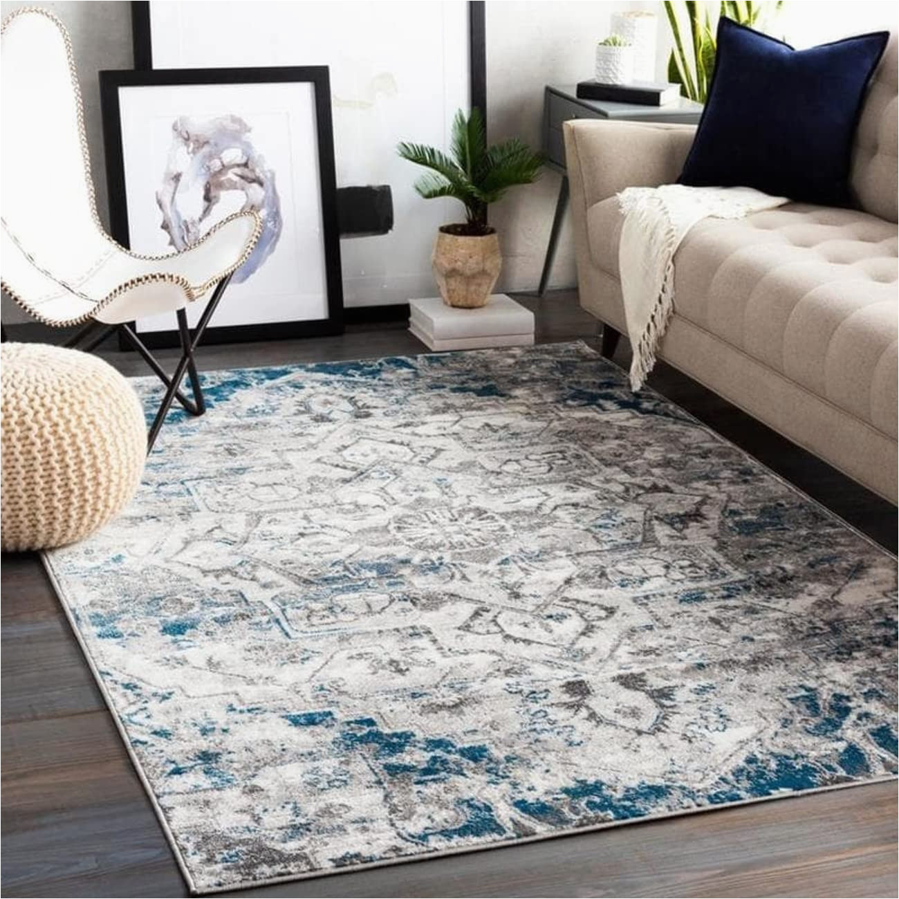 Blue Square area Rugs Mark&day area Rugs, 5×5 Angelo Transitional Ivory/blue Square area Rug, Beige / White Carpet for Living Room, Bedroom or Kitchen (5’3″ Square)