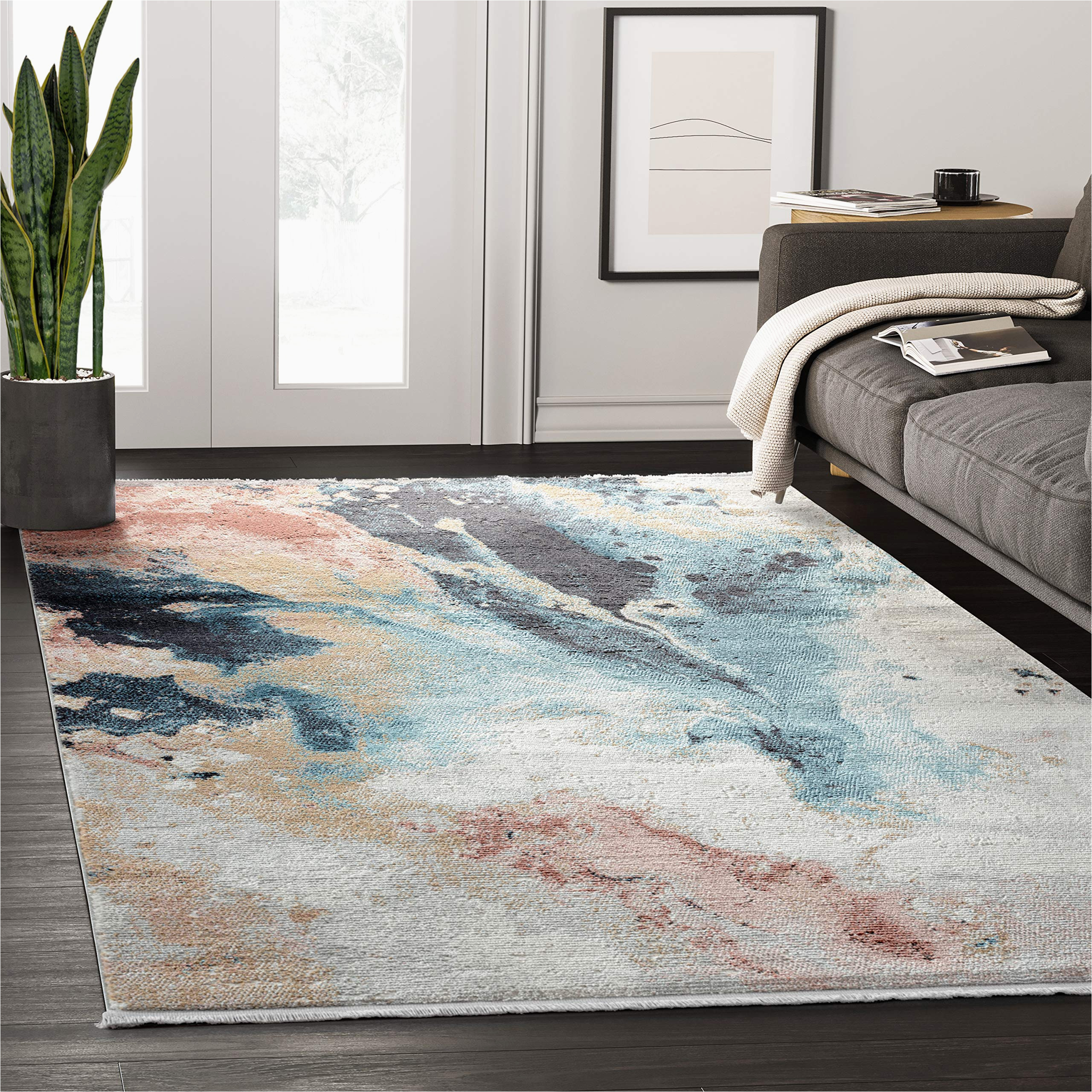 Blue Watercolor area Rug orange, Blue & Cream Abani Rugs Watercolor Design 7′ 9″ X 10′ 2″ (8×10) area Rug, Azure Collection Contemporary Living Room Rug