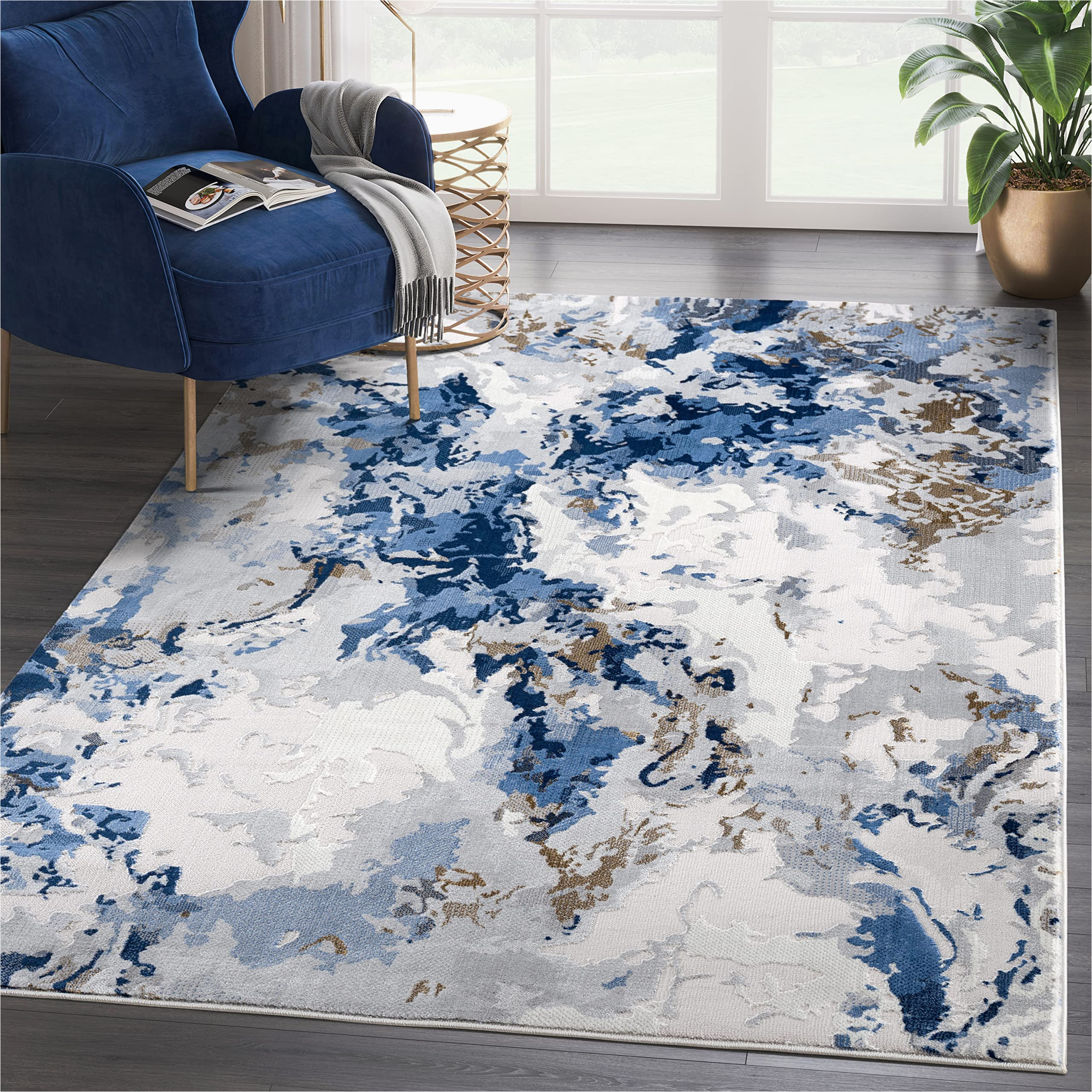 Blue Watercolor area Rug Transitional Abani Rugs Grey & Blue Swirl 4′ X 6′ area Rug – Abstract Marble Watercolor No-shed Premium Dining Room Rug