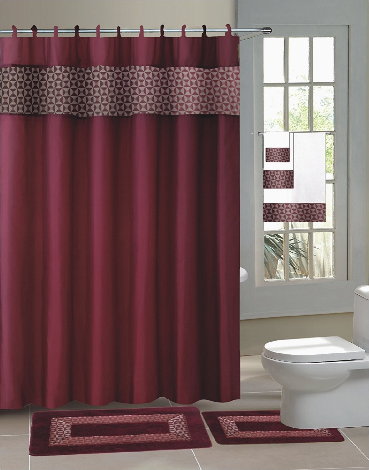 Burgundy Bath Rug Set Burgundy Fresco 15 Piece Hotel Bathroom Sets 2 Non Slip Bath Mats Rugs Fabric Shower Curtain 12 Hooks Walmart Com