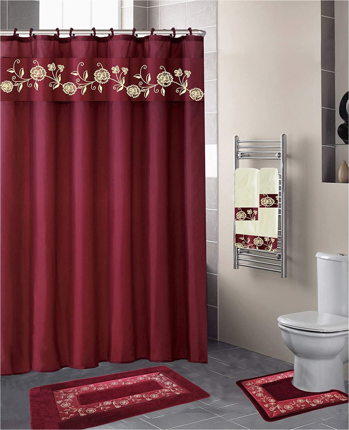 Burgundy Bath Rug Set Luxury Home Collection 18 Pc Bath Rug Set Embroidery Non Slip Bathroom Rug Mats and Rug Contour and Shower Curtain and towels and Rings Hooks and