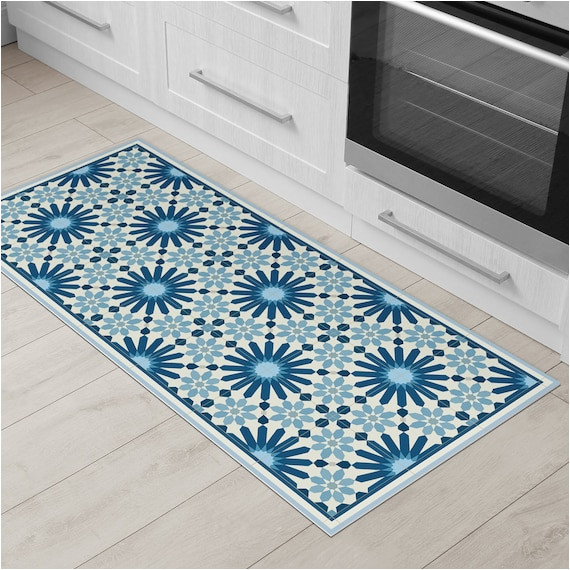 Dark Blue Kitchen Rugs Dark Blue Kitchen Mat Vinyl Floor Mat with Moroccan Tiles – Etsy Uk