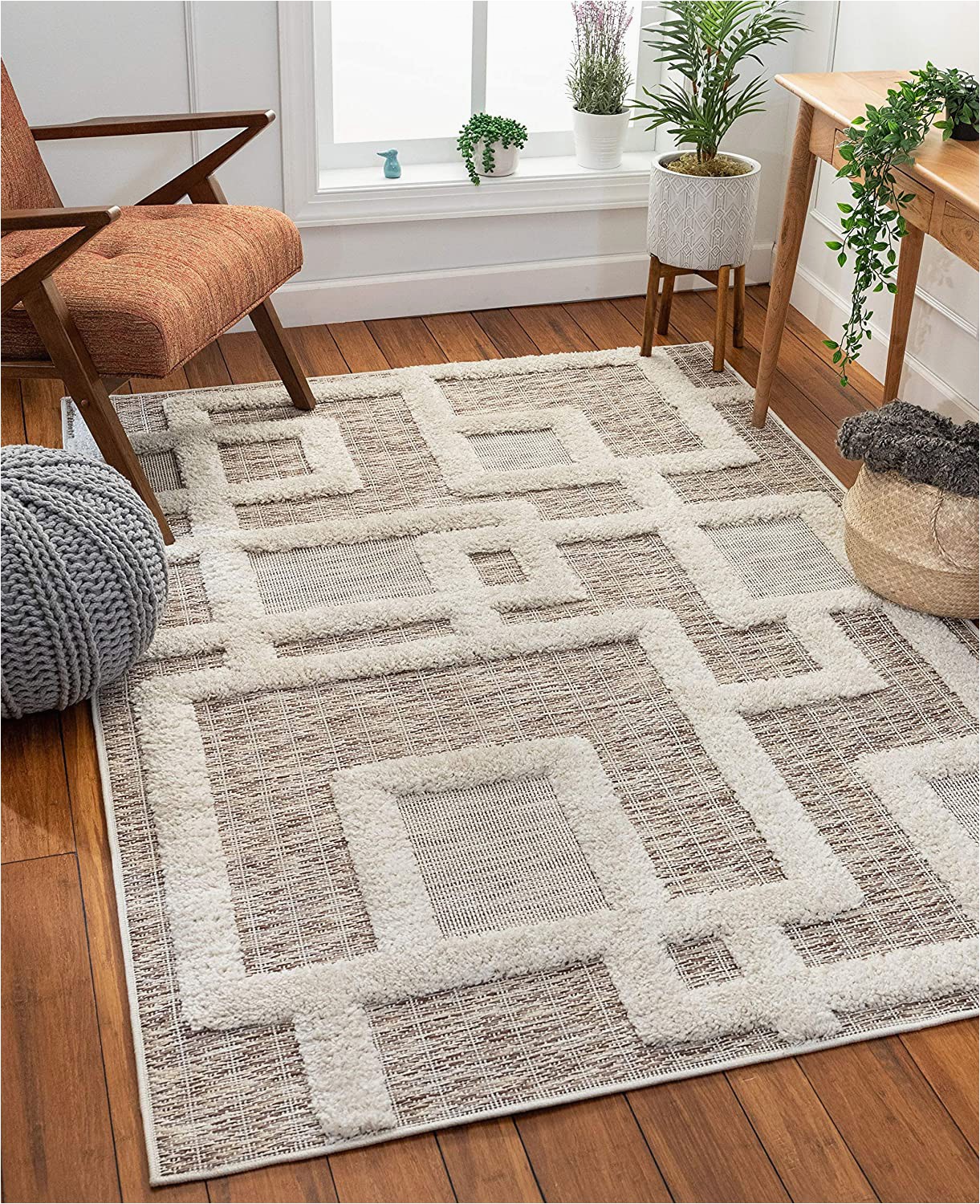 Low Pile White area Rug Well Woven Helga Beige Flat Weave Hi Low Pile Geometric Boxes area Rug 5×7 5 3" X 7 3"