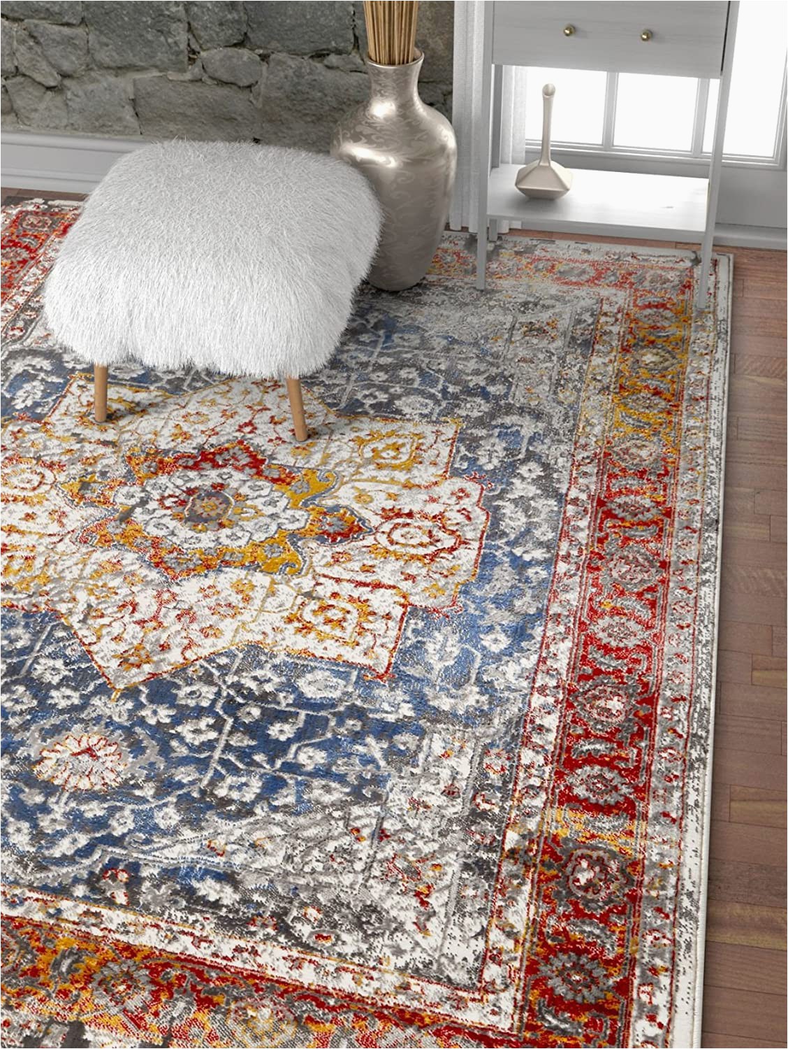 Red and Blue Modern Rug Well Woven Amestris Blue & Red Modern Heriz Vintage Distressed Medallion area Rug 8×11 7 10" X 9 10" Persian oriental Carpet